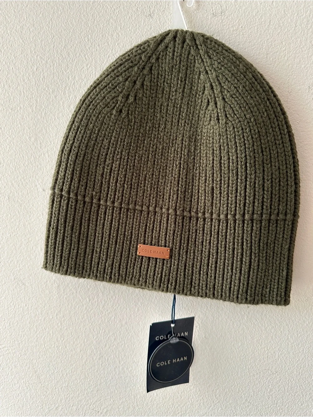 Cole Haan Olive Ribbed Knit Beanie with Leather Tag